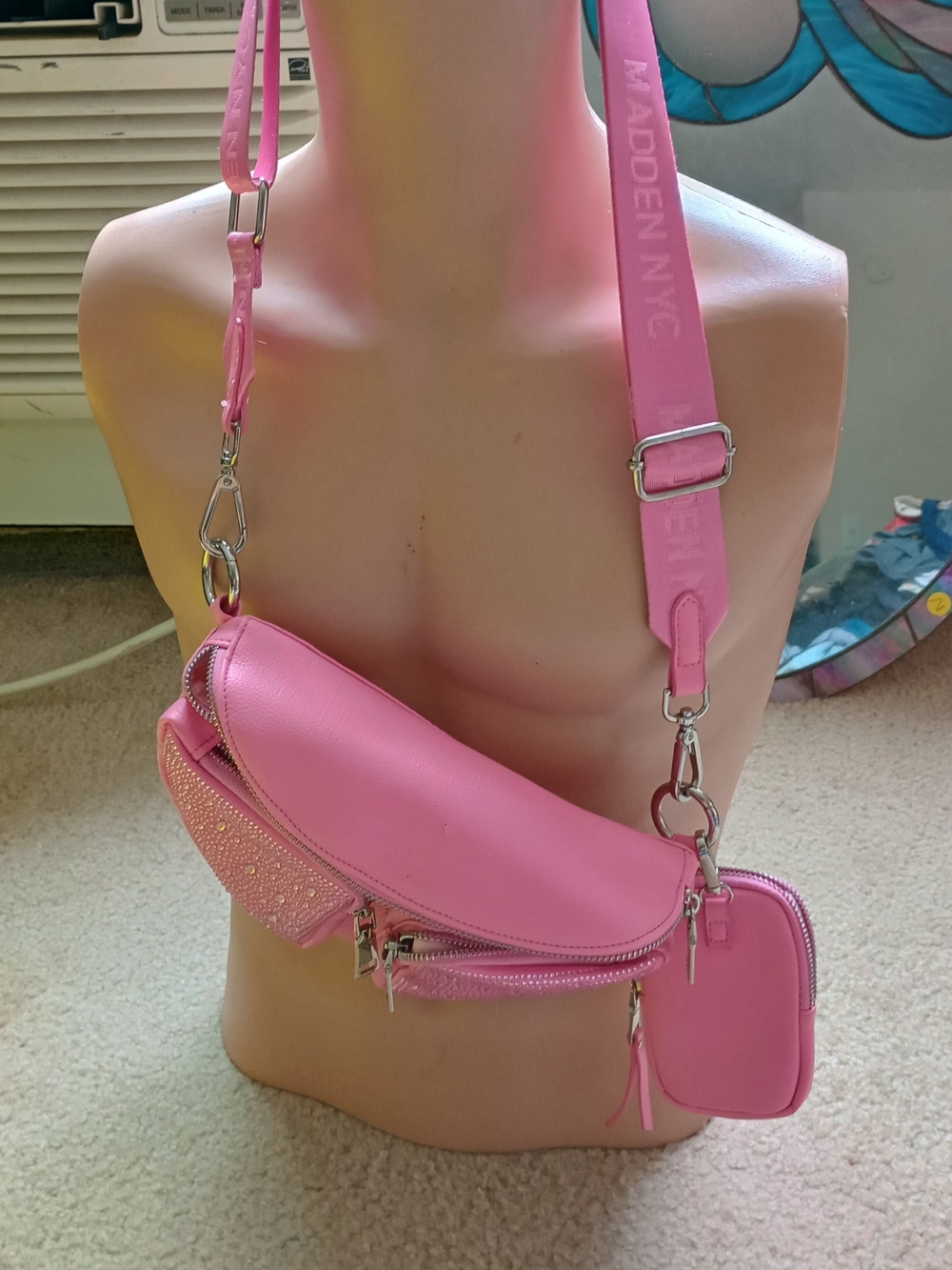 Madden NYC women's fanny pack crossbody in bright pink with sparkling crystal